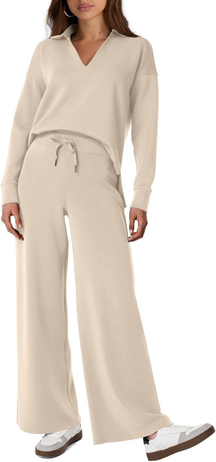 Glamaker - Conjunto de 2 piezas para mujer, estilo casual, manga larga, sudadera tipo polo y pantalones anchos a juego