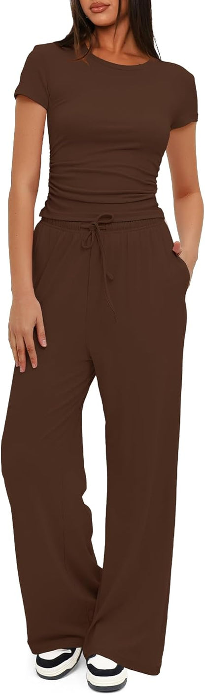 Darong - Conjunto de 2 piezas para mujer, conjuntos de pijama de manga corta fruncida y pantalones de pierna ancha de cintura alta