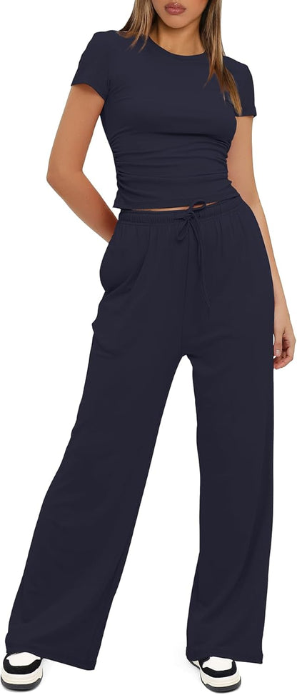 Darong - Conjunto de 2 piezas para mujer, conjuntos de pijama de manga corta fruncida y pantalones de pierna ancha de cintura alta