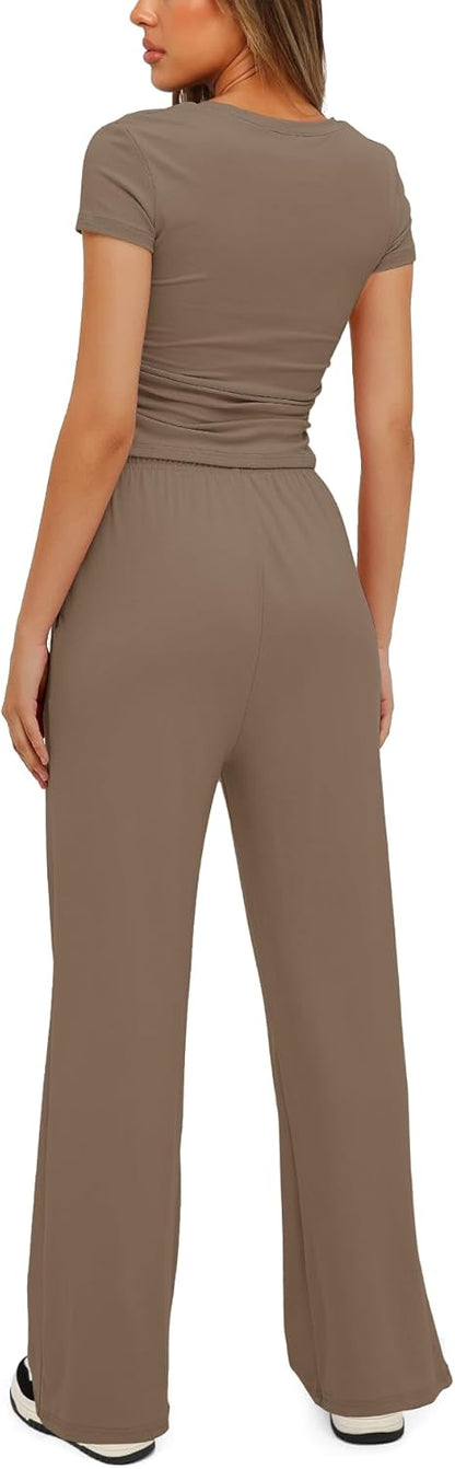 Darong - Conjunto de 2 piezas para mujer, conjuntos de pijama de manga corta fruncida y pantalones de pierna ancha de cintura alta