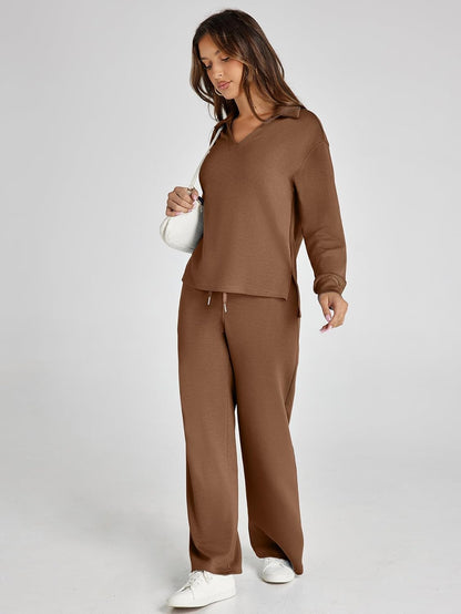 Glamaker - Conjunto de 2 piezas para mujer, estilo casual, manga larga, sudadera tipo polo y pantalones anchos a juego