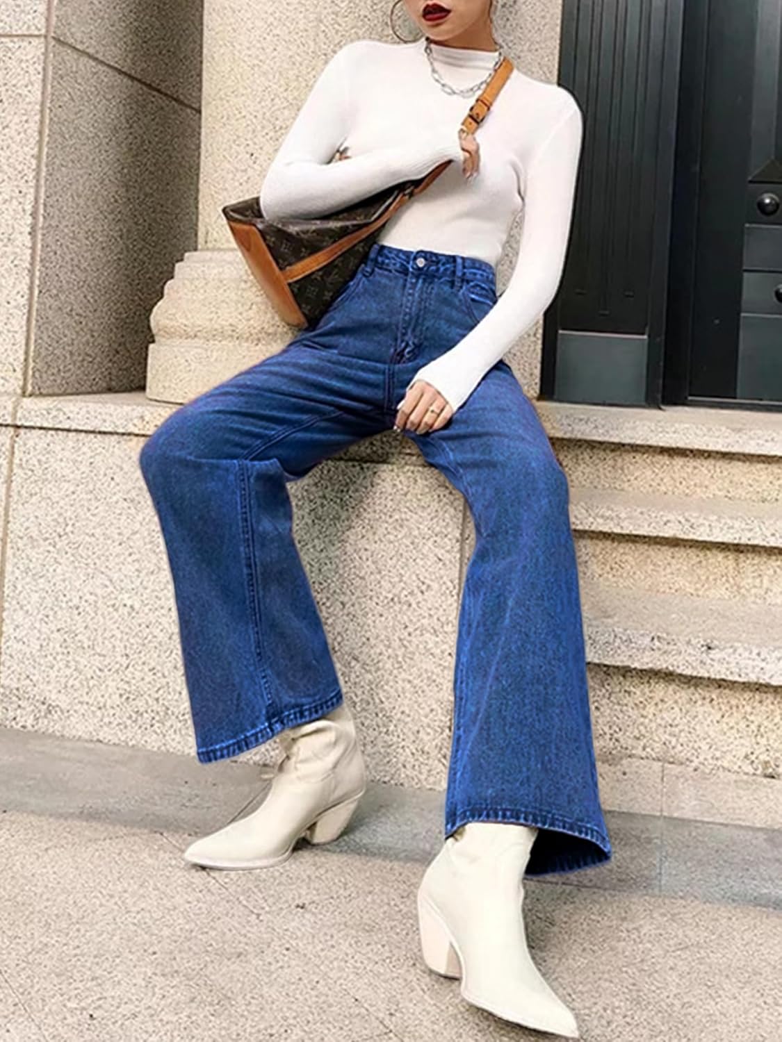 HDLTE Pantalones de Mezclilla Rasgados para Mujer, Pantalones de Mezclilla Holgados de Cintura Alta, Pantalones Rectos de Pierna Ancha, Pantalones de Calle Y2k
