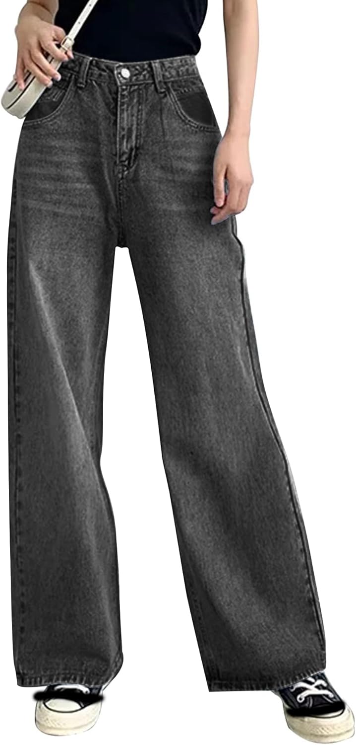 HDLTE Pantalones de Mezclilla Rasgados para Mujer, Pantalones de Mezclilla Holgados de Cintura Alta, Pantalones Rectos de Pierna Ancha, Pantalones de Calle Y2k