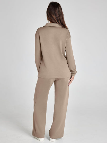 Glamaker - Conjunto de 2 piezas para mujer, estilo casual, manga larga, sudadera tipo polo y pantalones anchos a juego