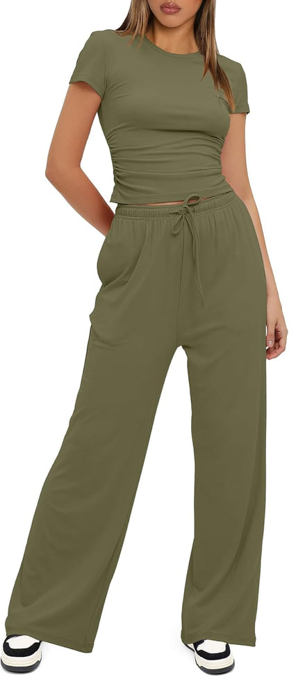 Darong - Conjunto de 2 piezas para mujer, conjuntos de pijama de manga corta fruncida y pantalones de pierna ancha de cintura alta