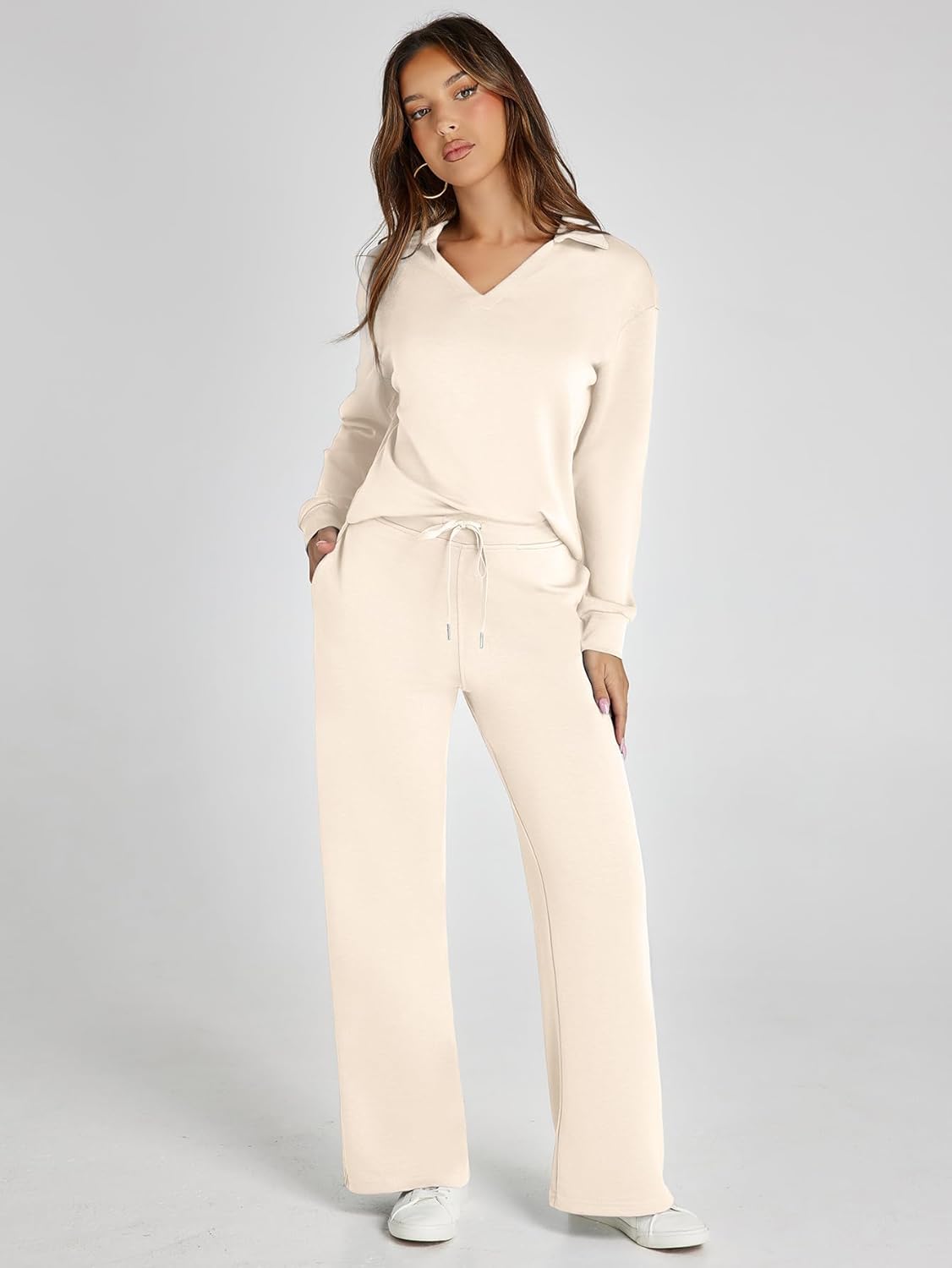 Glamaker - Conjunto de 2 piezas para mujer, estilo casual, manga larga, sudadera tipo polo y pantalones anchos a juego