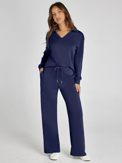 Glamaker - Conjunto de 2 piezas para mujer, estilo casual, manga larga, sudadera tipo polo y pantalones anchos a juego