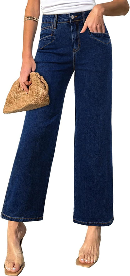 SIDEFEEL Women's Wide Leg Jeans High Waisted Stretchy Jeans Straight Leg Ankle Denim Pants with Slant Pockets