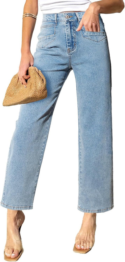 SIDEFEEL Women's Wide Leg Jeans High Waisted Stretchy Jeans Straight Leg Ankle Denim Pants with Slant Pockets