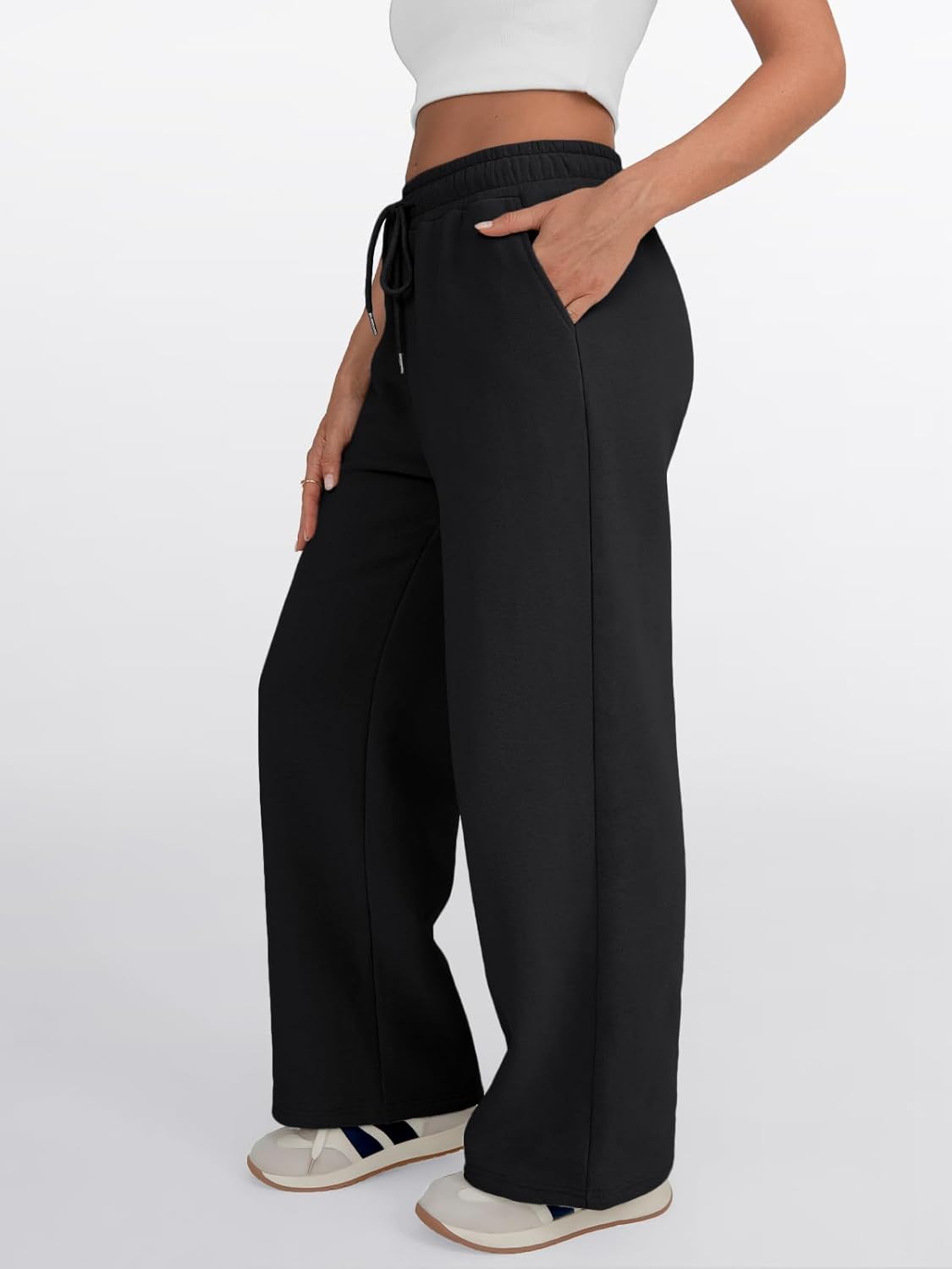 Trendy Queen - Pantalones deportivos de pierna ancha para mujer, pantalones holgados de cintura alta, con cordón, atléticos, acampanados, con bolsillos