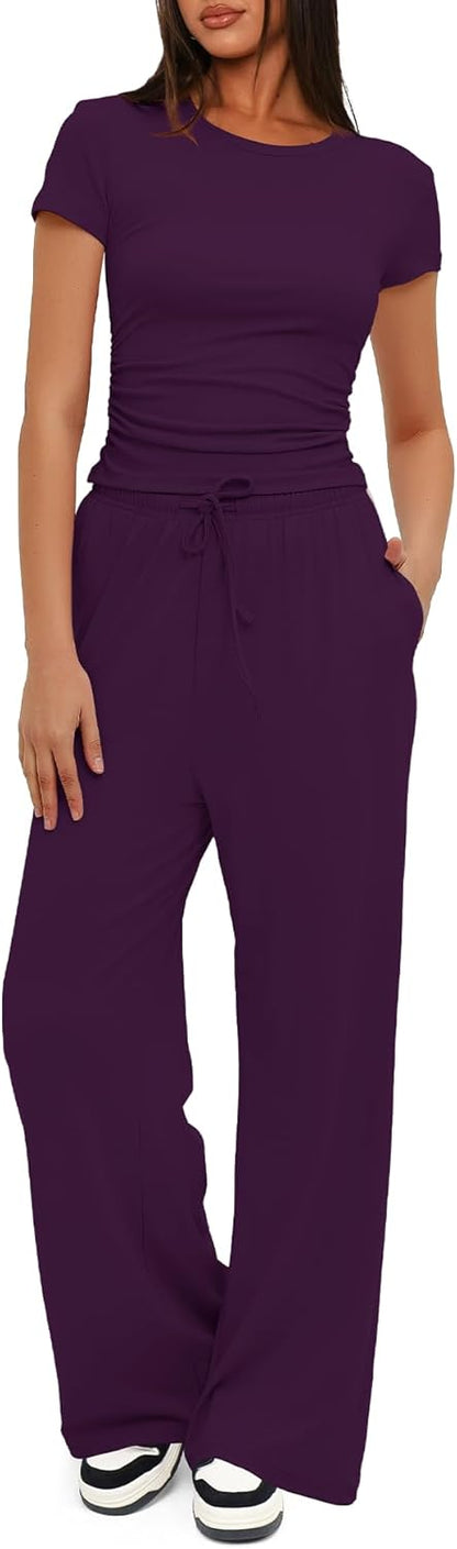 Darong - Conjunto de 2 piezas para mujer, conjuntos de pijama de manga corta fruncida y pantalones de pierna ancha de cintura alta
