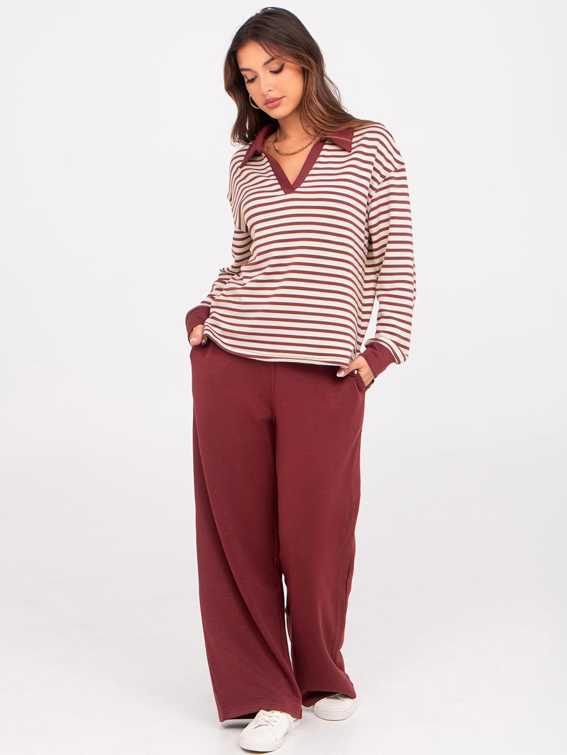 Glamaker - Conjunto de 2 piezas para mujer, estilo casual, manga larga, sudadera tipo polo y pantalones anchos a juego