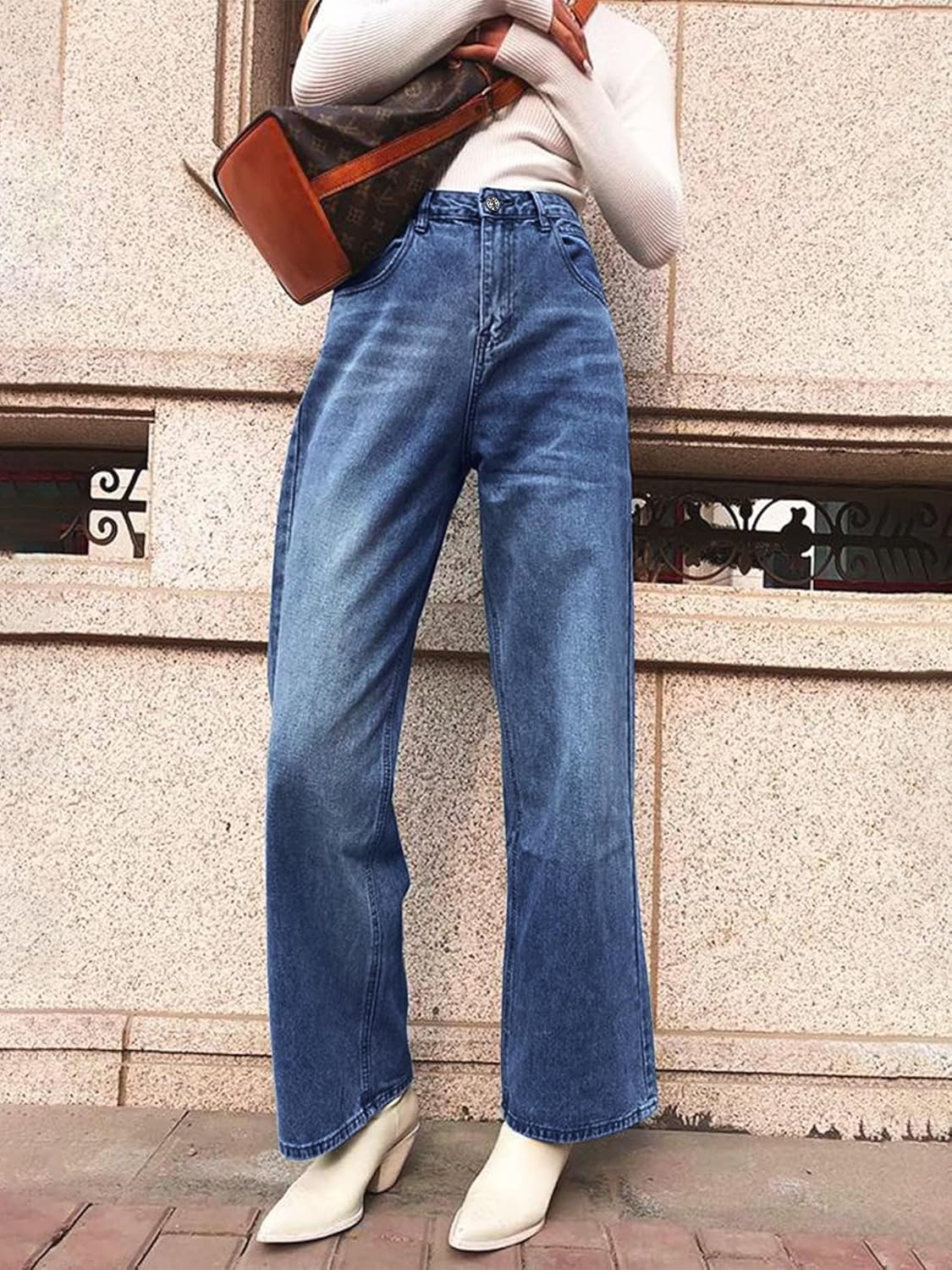 HDLTE Pantalones de Mezclilla Rasgados para Mujer, Pantalones de Mezclilla Holgados de Cintura Alta, Pantalones Rectos de Pierna Ancha, Pantalones de Calle Y2k