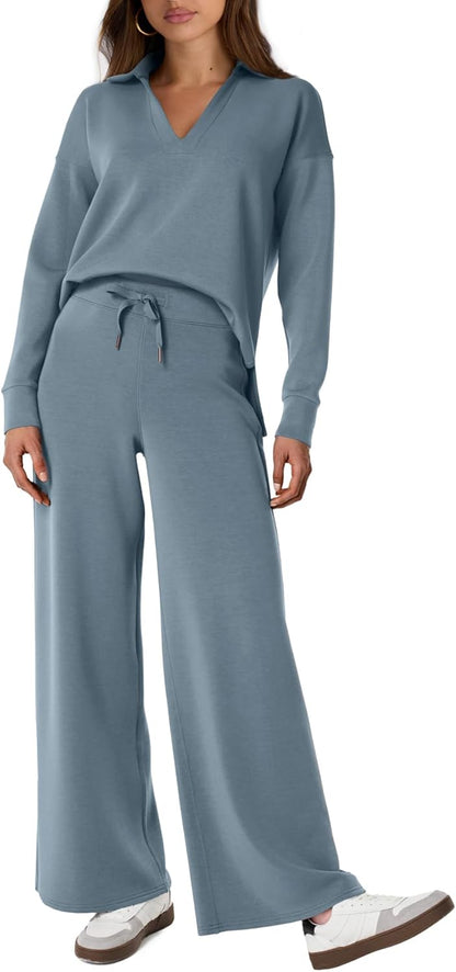 Glamaker - Conjunto de 2 piezas para mujer, estilo casual, manga larga, sudadera tipo polo y pantalones anchos a juego