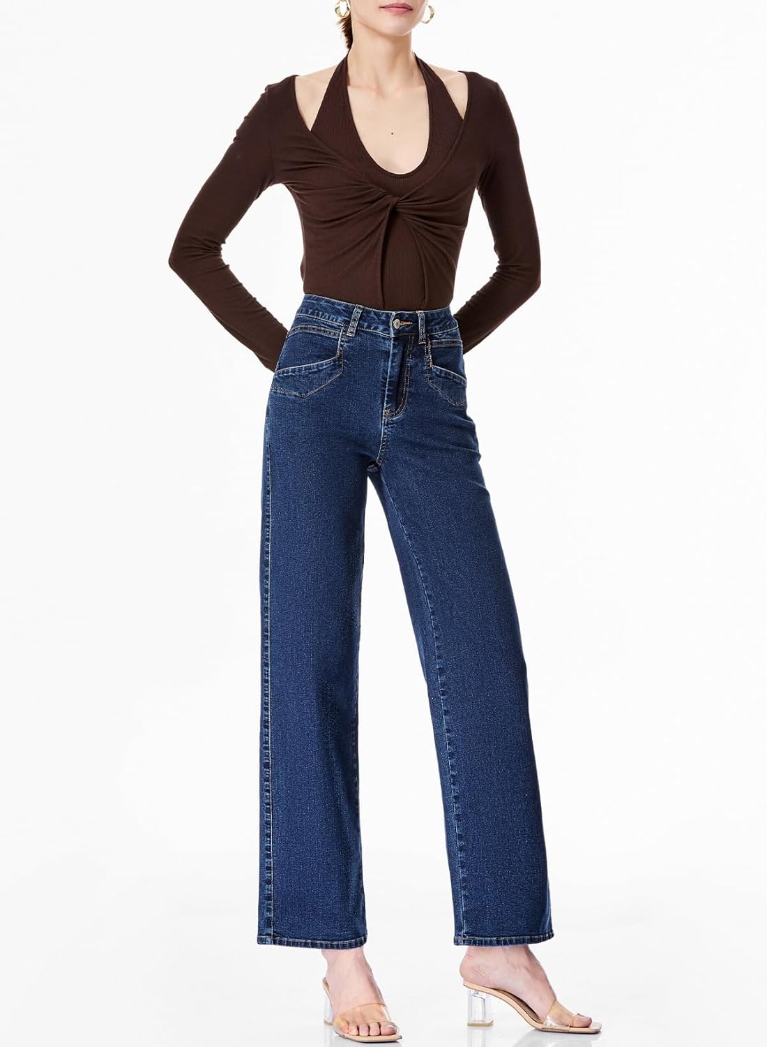 SIDEFEEL Women's Wide Leg Jeans High Waisted Stretchy Jeans Straight Leg Ankle Denim Pants with Slant Pockets