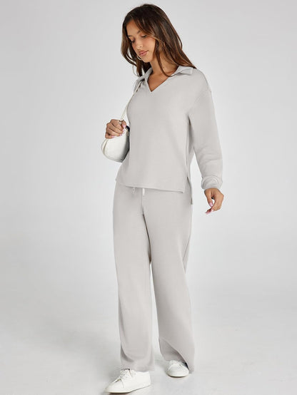 Glamaker - Conjunto de 2 piezas para mujer, estilo casual, manga larga, sudadera tipo polo y pantalones anchos a juego