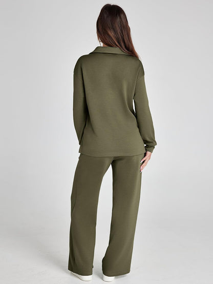 Glamaker - Conjunto de 2 piezas para mujer, estilo casual, manga larga, sudadera tipo polo y pantalones anchos a juego
