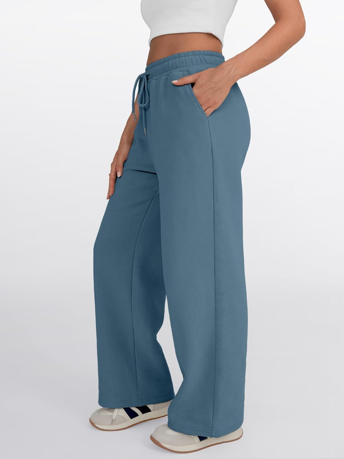 Trendy Queen - Pantalones deportivos de pierna ancha para mujer, pantalones holgados de cintura alta, con cordón, atléticos, acampanados, con bolsillos