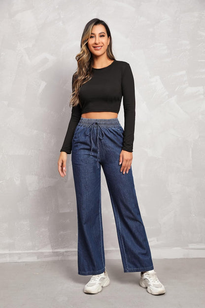 Love Welove - Jeans de Pierna Ancha para Mujer, elásticos, Cintura Alta, con cordón, Holgados, Talla Grande, 3XL