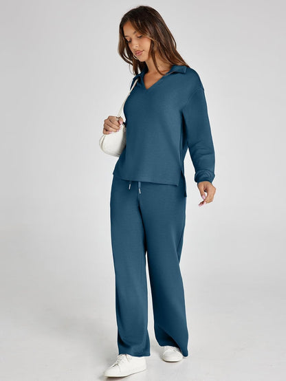 Glamaker - Conjunto de 2 piezas para mujer, estilo casual, manga larga, sudadera tipo polo y pantalones anchos a juego