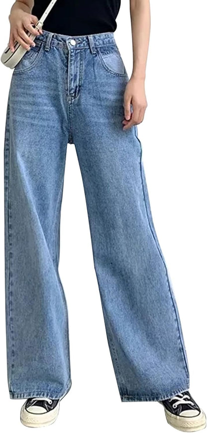 HDLTE Pantalones de Mezclilla Rasgados para Mujer, Pantalones de Mezclilla Holgados de Cintura Alta, Pantalones Rectos de Pierna Ancha, Pantalones de Calle Y2k
