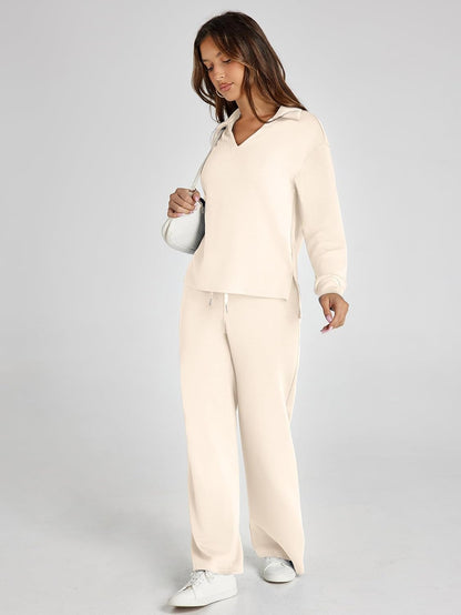 Glamaker - Conjunto de 2 piezas para mujer, estilo casual, manga larga, sudadera tipo polo y pantalones anchos a juego