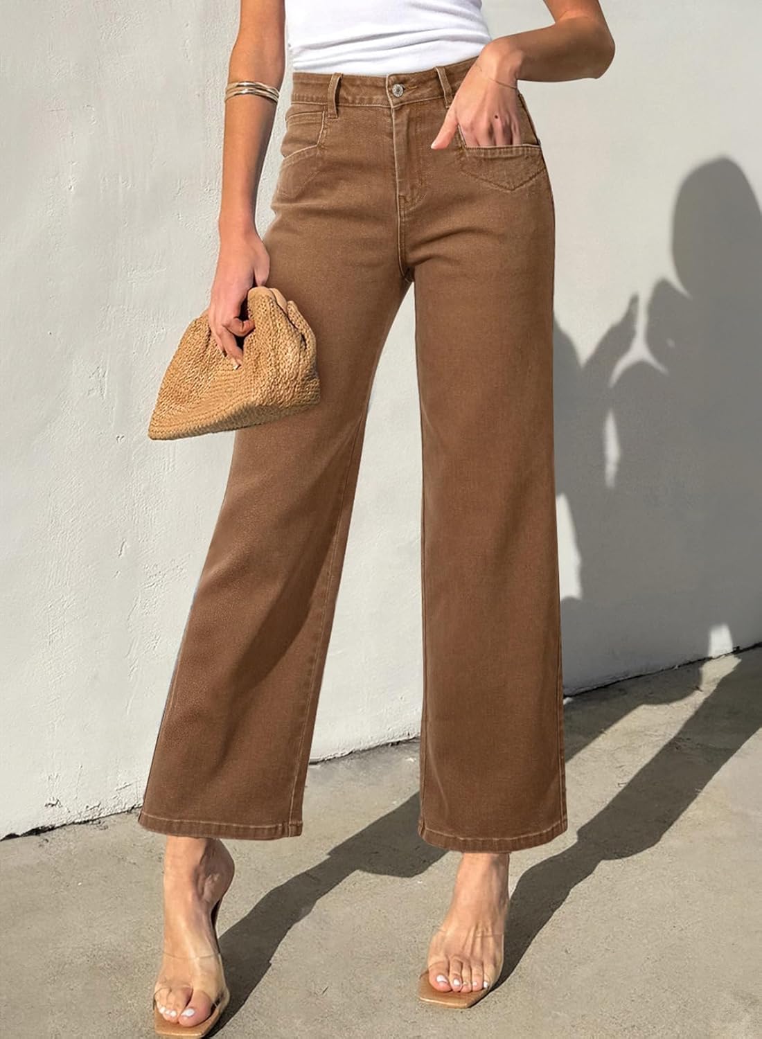 SIDEFEEL Women's Wide Leg Jeans High Waisted Stretchy Jeans Straight Leg Ankle Denim Pants with Slant Pockets