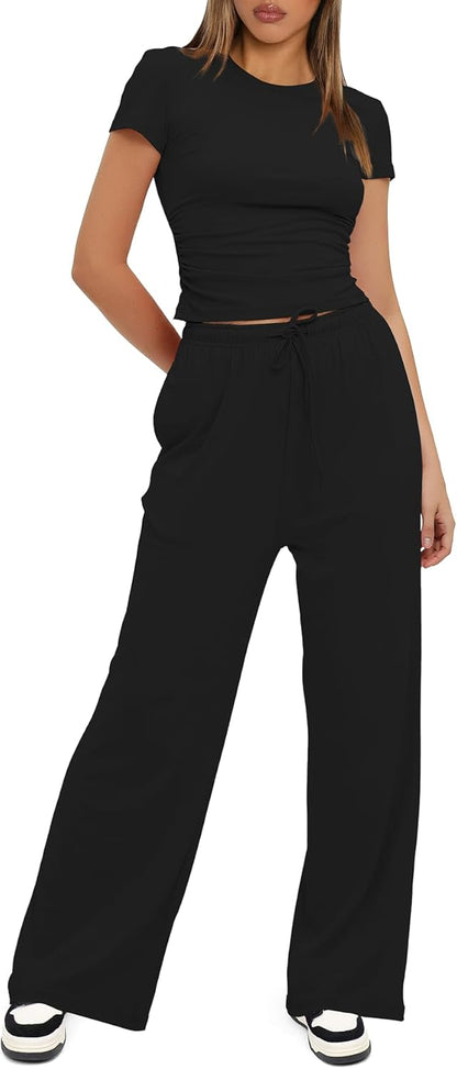Darong - Conjunto de 2 piezas para mujer, conjuntos de pijama de manga corta fruncida y pantalones de pierna ancha de cintura alta