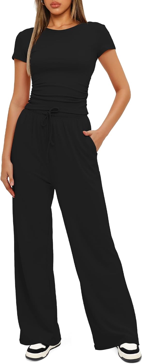 Darong - Conjunto de 2 piezas para mujer, conjuntos de pijama de manga corta fruncida y pantalones de pierna ancha de cintura alta