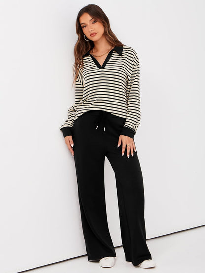 Glamaker - Conjunto de 2 piezas para mujer, estilo casual, manga larga, sudadera tipo polo y pantalones anchos a juego