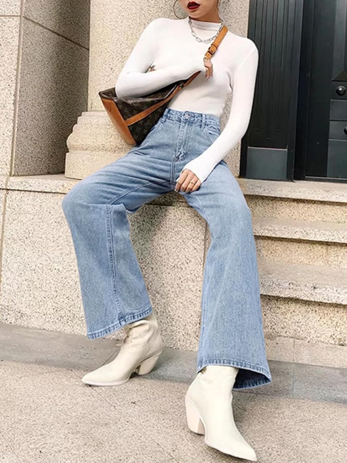 HDLTE Pantalones de Mezclilla Rasgados para Mujer, Pantalones de Mezclilla Holgados de Cintura Alta, Pantalones Rectos de Pierna Ancha, Pantalones de Calle Y2k