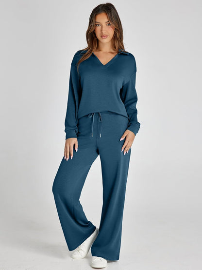 Glamaker - Conjunto de 2 piezas para mujer, estilo casual, manga larga, sudadera tipo polo y pantalones anchos a juego