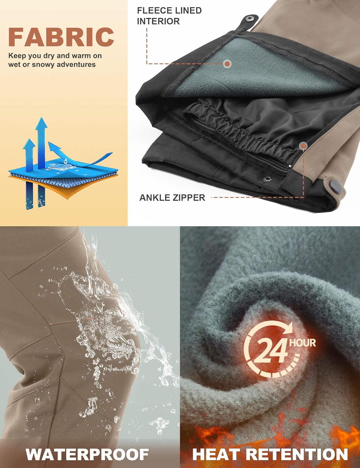 Heathyoga - Pantalones de nieve impermeables para mujer, pantalones de esquí para mujer, pantalones de snowboard y senderismo para mujer, pantalones cargo de forro polar