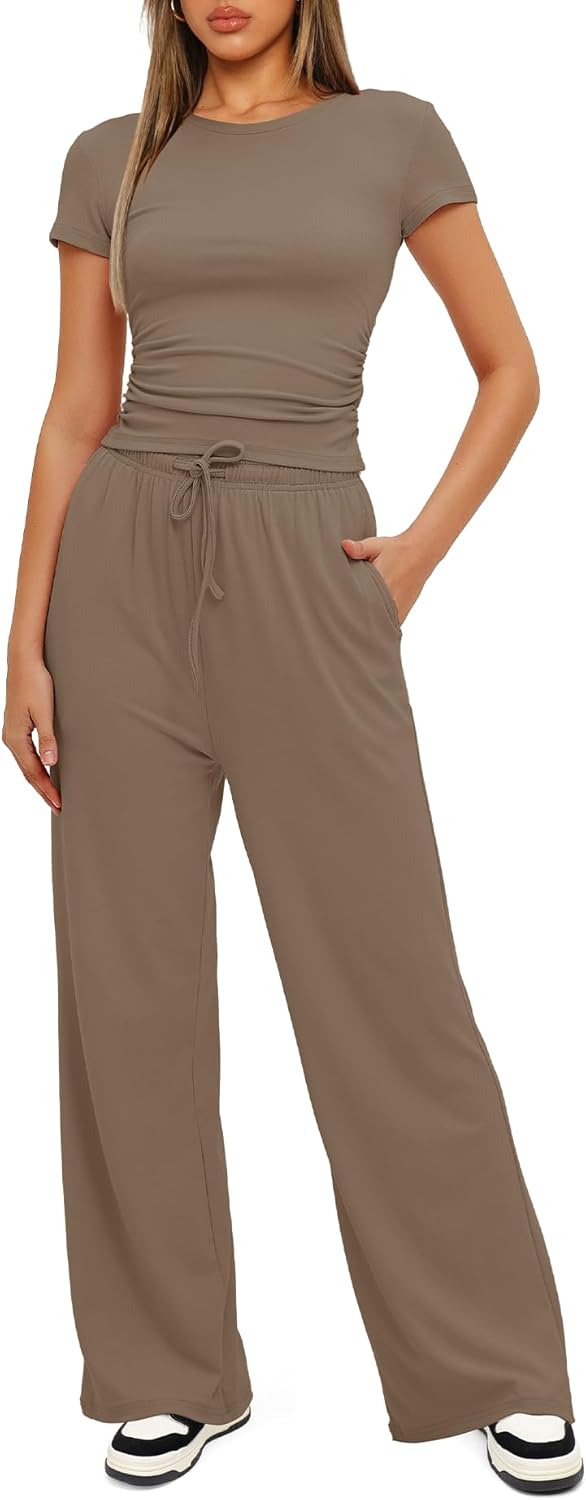 Darong - Conjunto de 2 piezas para mujer, conjuntos de pijama de manga corta fruncida y pantalones de pierna ancha de cintura alta