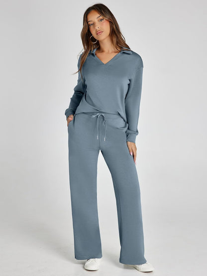 Glamaker - Conjunto de 2 piezas para mujer, estilo casual, manga larga, sudadera tipo polo y pantalones anchos a juego