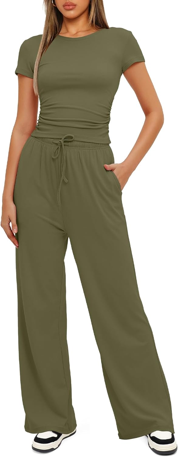 Darong - Conjunto de 2 piezas para mujer, conjuntos de pijama de manga corta fruncida y pantalones de pierna ancha de cintura alta