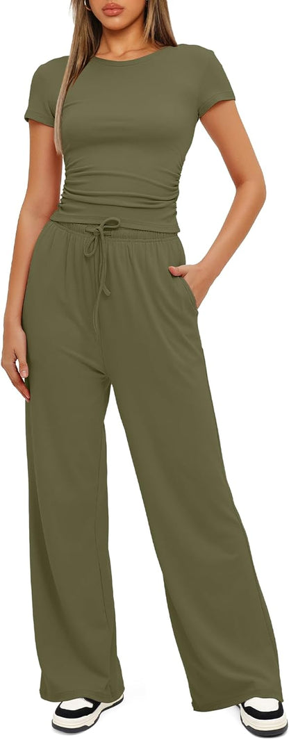 Darong - Conjunto de 2 piezas para mujer, conjuntos de pijama de manga corta fruncida y pantalones de pierna ancha de cintura alta
