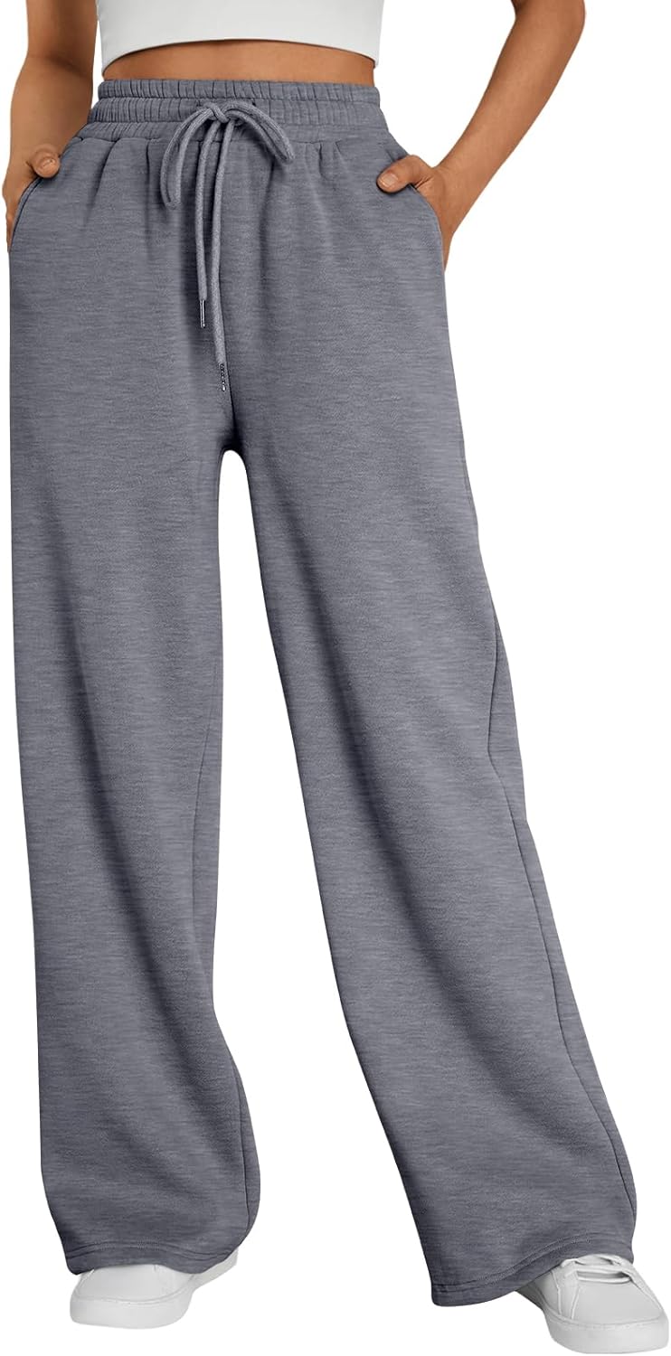 Trendy Queen - Pantalones deportivos de pierna ancha para mujer, pantalones holgados de cintura alta, con cordón, atléticos, acampanados, con bolsillos