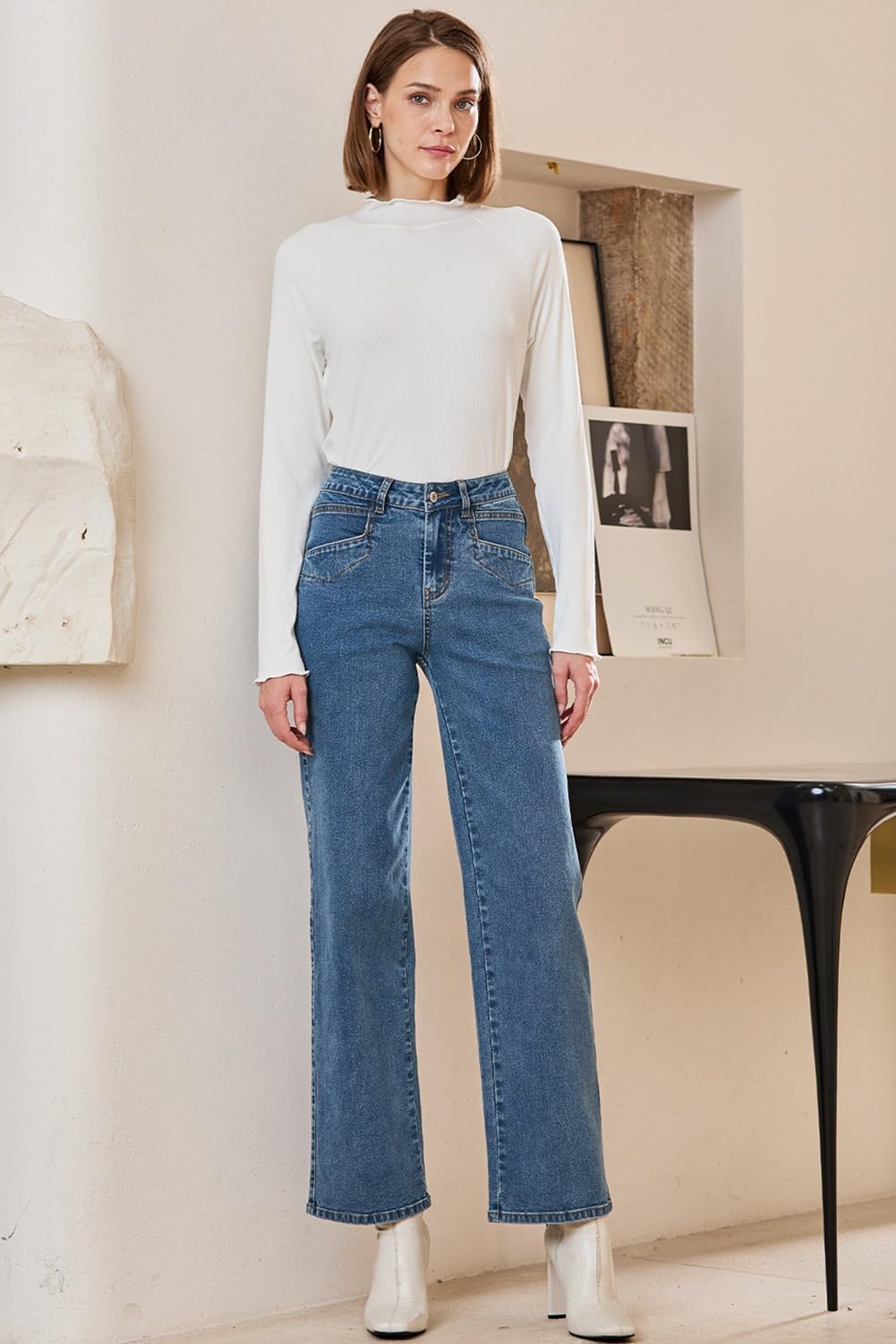 SIDEFEEL Women's Wide Leg Jeans High Waisted Stretchy Jeans Straight Leg Ankle Denim Pants with Slant Pockets