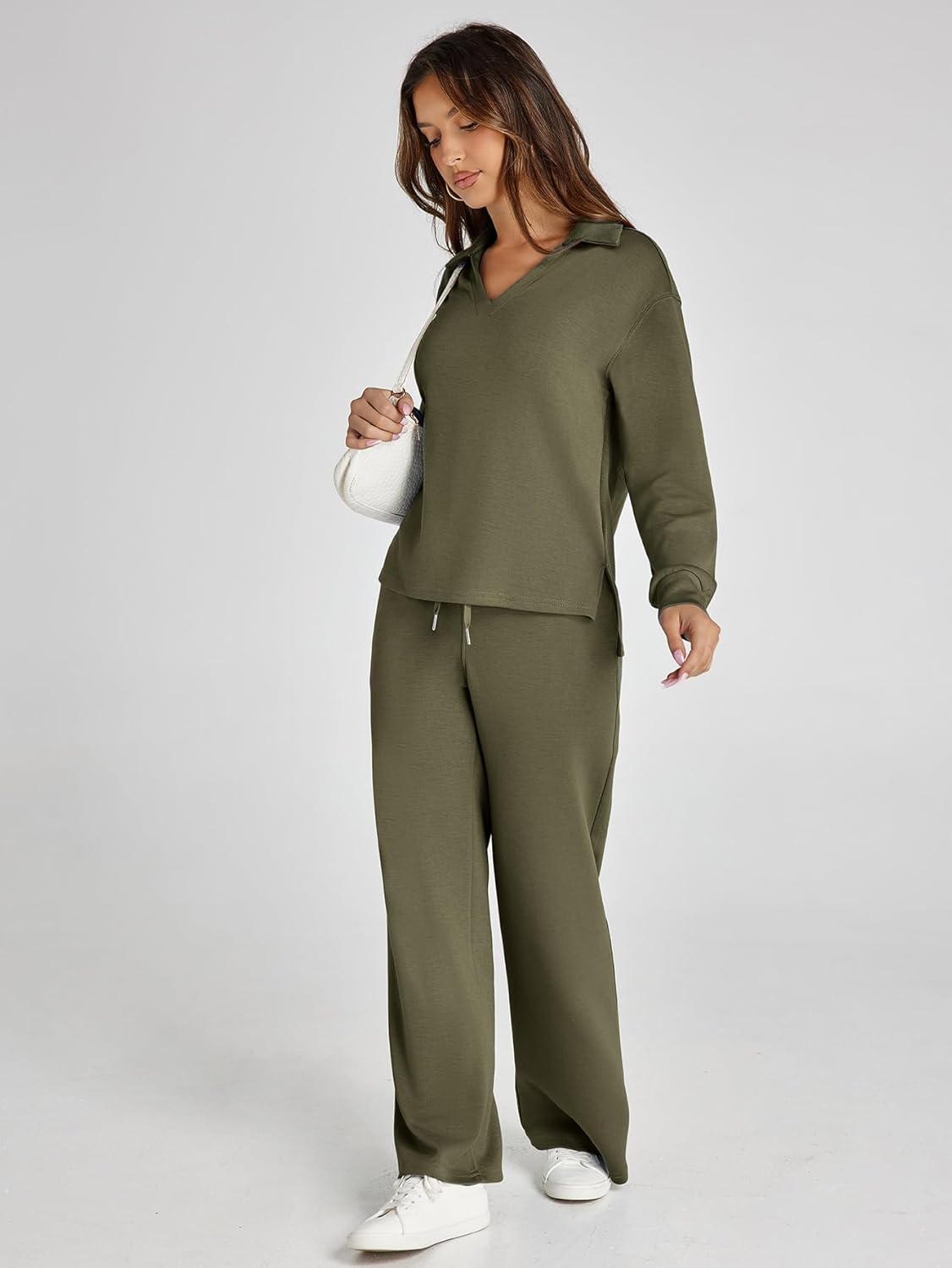 Glamaker - Conjunto de 2 piezas para mujer, estilo casual, manga larga, sudadera tipo polo y pantalones anchos a juego