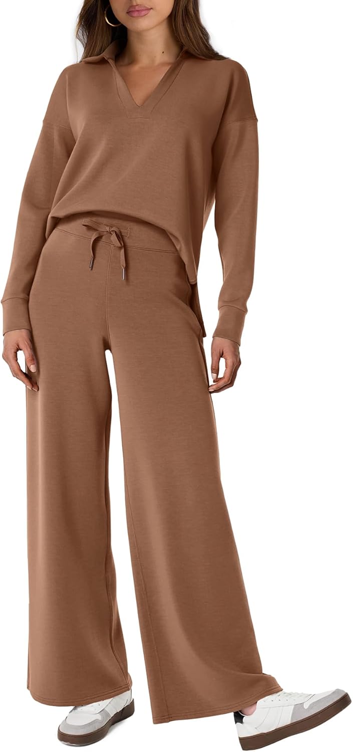 Glamaker - Conjunto de 2 piezas para mujer, estilo casual, manga larga, sudadera tipo polo y pantalones anchos a juego