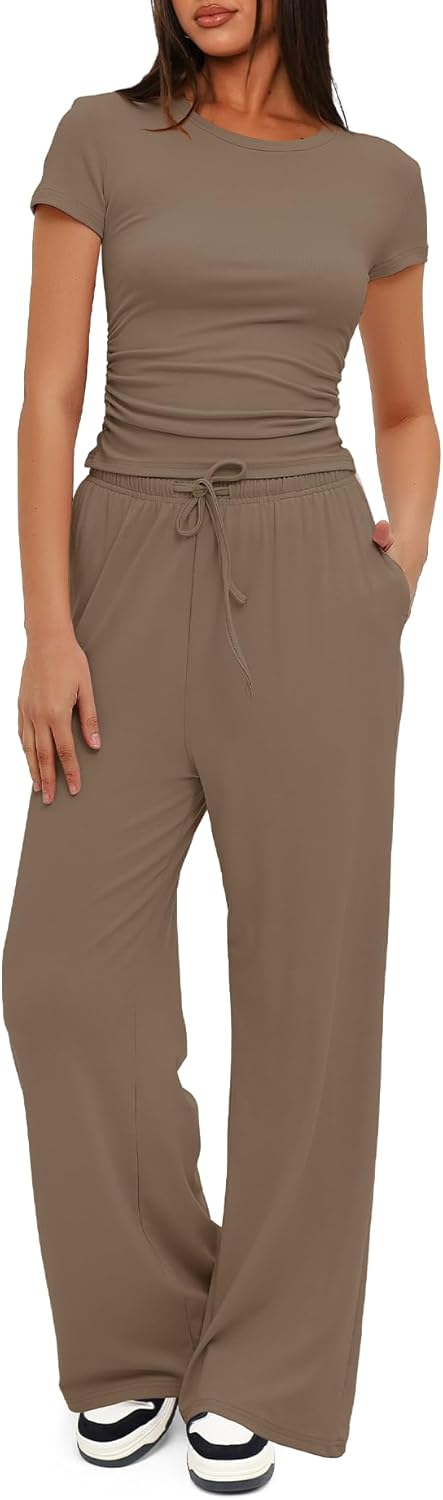 Darong - Conjunto de 2 piezas para mujer, conjuntos de pijama de manga corta fruncida y pantalones de pierna ancha de cintura alta