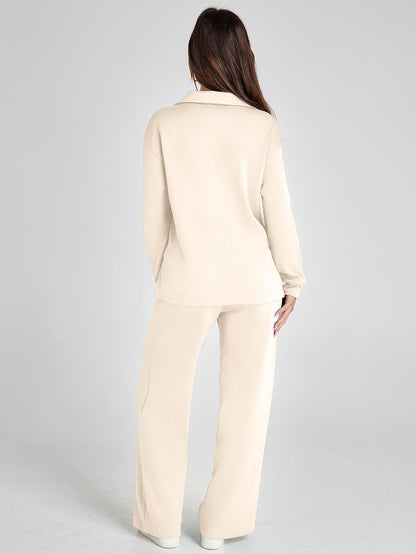 Glamaker - Conjunto de 2 piezas para mujer, estilo casual, manga larga, sudadera tipo polo y pantalones anchos a juego