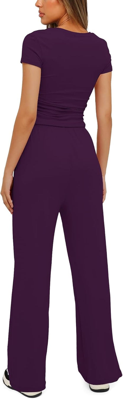 Darong - Conjunto de 2 piezas para mujer, conjuntos de pijama de manga corta fruncida y pantalones de pierna ancha de cintura alta