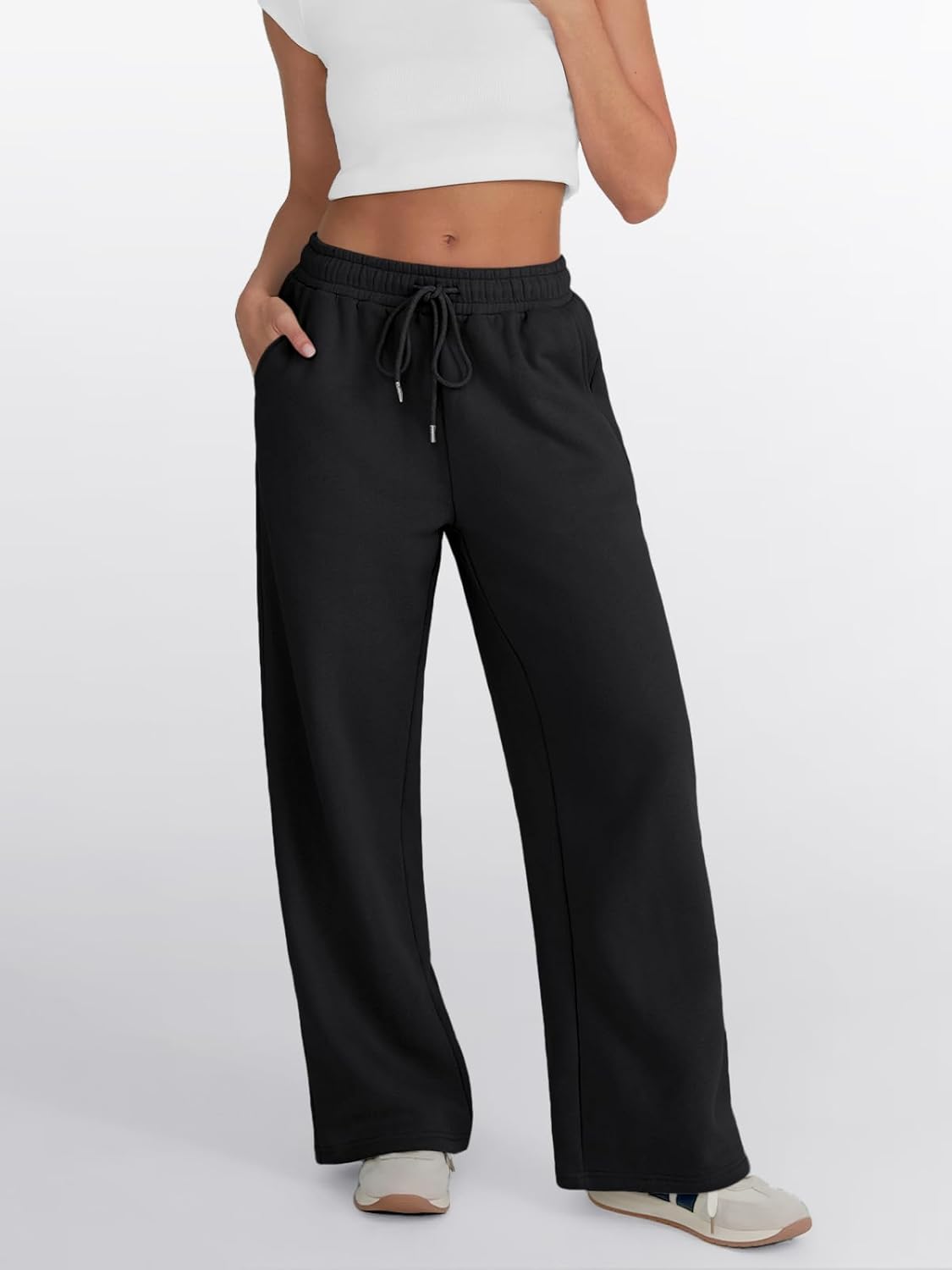 Trendy Queen - Pantalones deportivos de pierna ancha para mujer, pantalones holgados de cintura alta, con cordón, atléticos, acampanados, con bolsillos