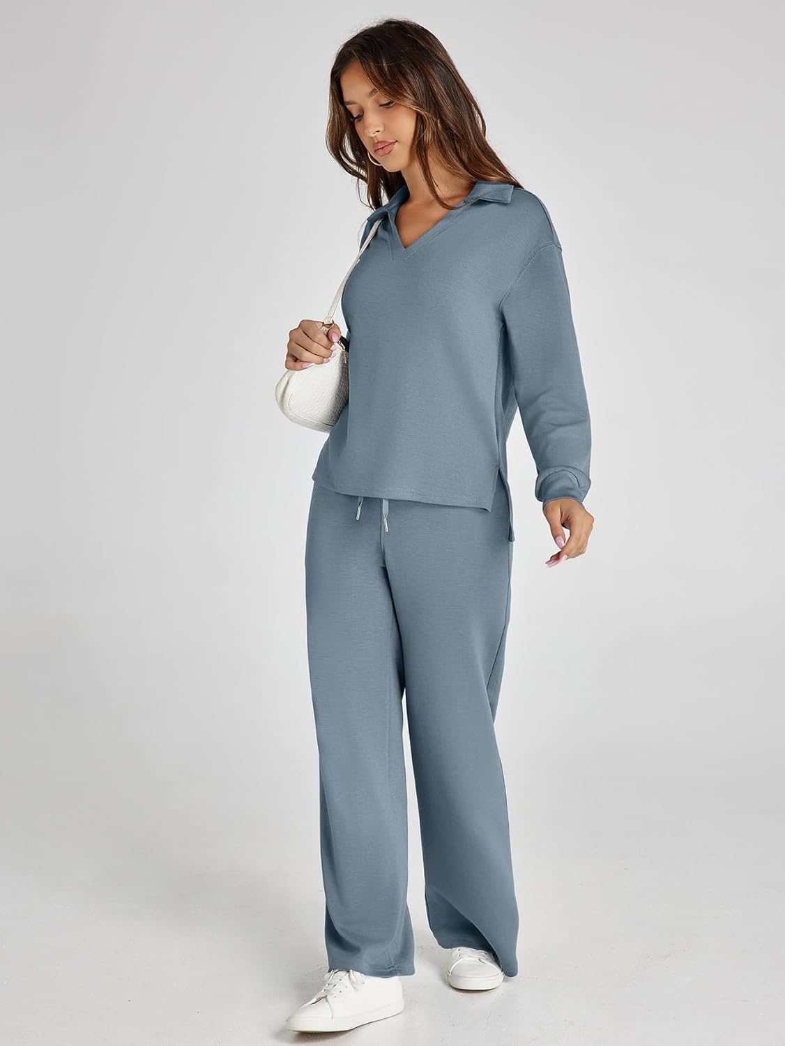Glamaker - Conjunto de 2 piezas para mujer, estilo casual, manga larga, sudadera tipo polo y pantalones anchos a juego