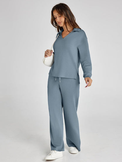 Glamaker - Conjunto de 2 piezas para mujer, estilo casual, manga larga, sudadera tipo polo y pantalones anchos a juego