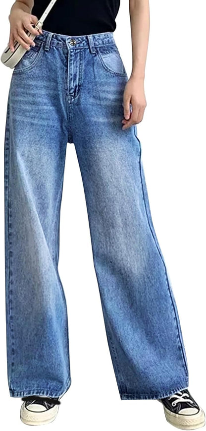 HDLTE Pantalones de Mezclilla Rasgados para Mujer, Pantalones de Mezclilla Holgados de Cintura Alta, Pantalones Rectos de Pierna Ancha, Pantalones de Calle Y2k