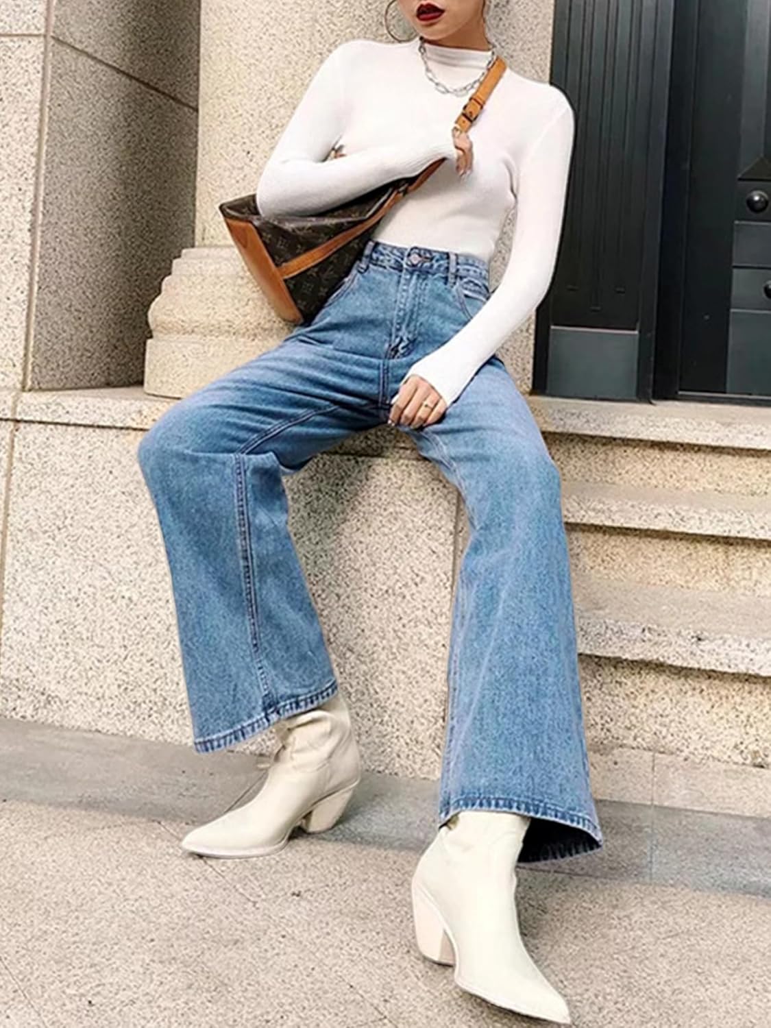 HDLTE Pantalones de Mezclilla Rasgados para Mujer, Pantalones de Mezclilla Holgados de Cintura Alta, Pantalones Rectos de Pierna Ancha, Pantalones de Calle Y2k