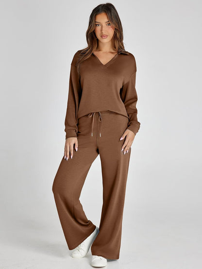 Glamaker - Conjunto de 2 piezas para mujer, estilo casual, manga larga, sudadera tipo polo y pantalones anchos a juego